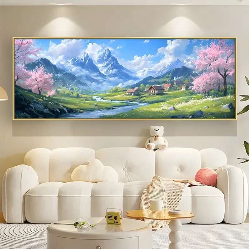 Cherry blossom living room hanging paintings wabi-sabi cream wind small fresh sofa background wall decorative painting modern