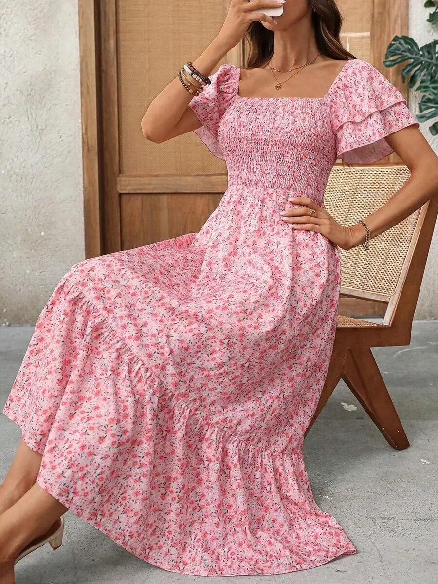 

Womens Pink Ditsy Floral Square Neck Ruffle Sleeve Midi Dress Boho A-Line Vacation Dress