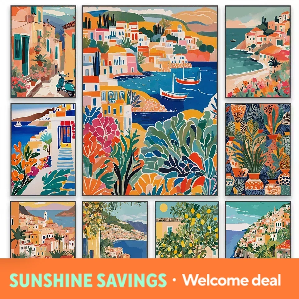 Colorful Mediterranean City Santorini Italy Seaside House Coastal Landscape Poster Canvas Painting Wall Art Pictures Home Dec