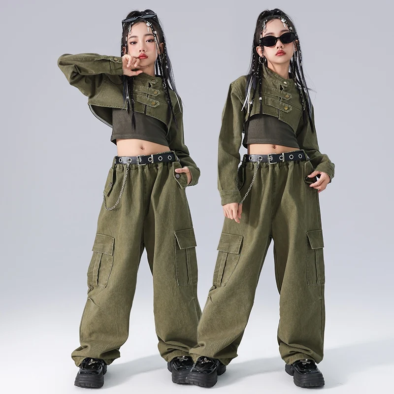 Trajes de baile moderno de Jazz para niñas, Tops cortos verdes, pantalones sueltos, ropa de calle, ropa de actuación en escenario de Hip Hop, DQS17736, novedad de 2024