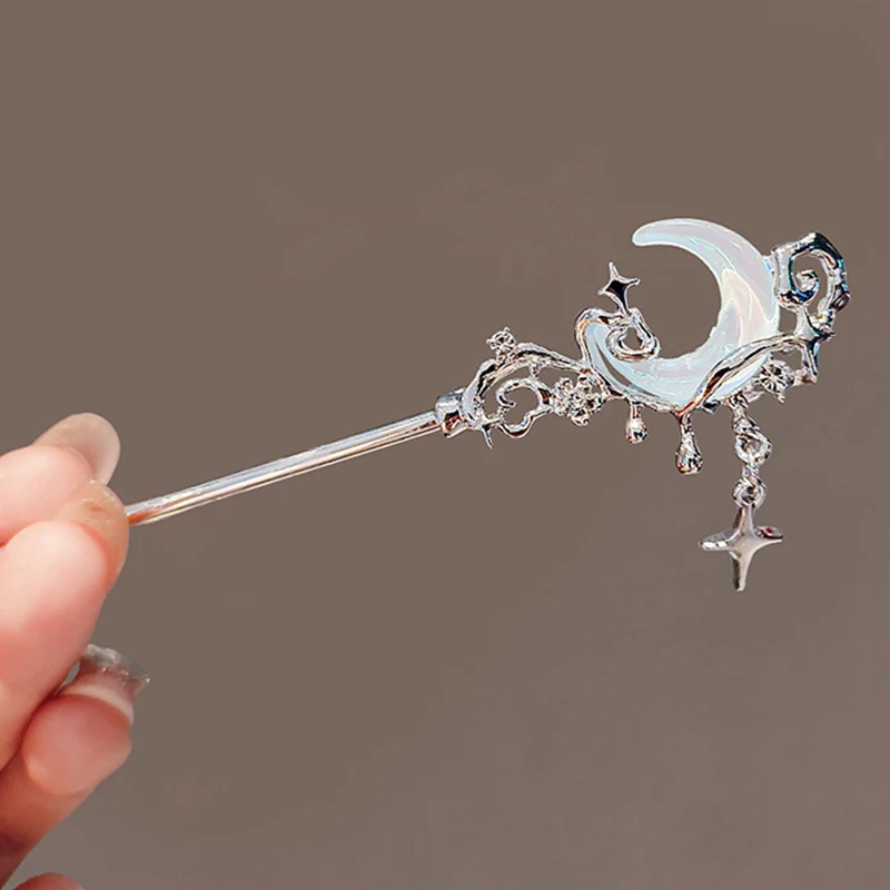 Vintage Moonstone Star Moon Hair Sticks For Women Chinese Style Cross Tassel Hairpin Disk Hair Chopsticks Hair Accessories