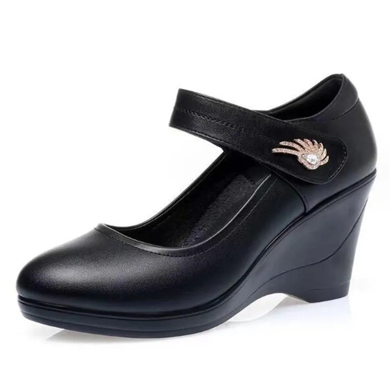 

Women Fashion Comfort Buckle Strap Pumps Lady Casual Black Soft Leather Office High Heel Shoes Wedges Women Single Shoes