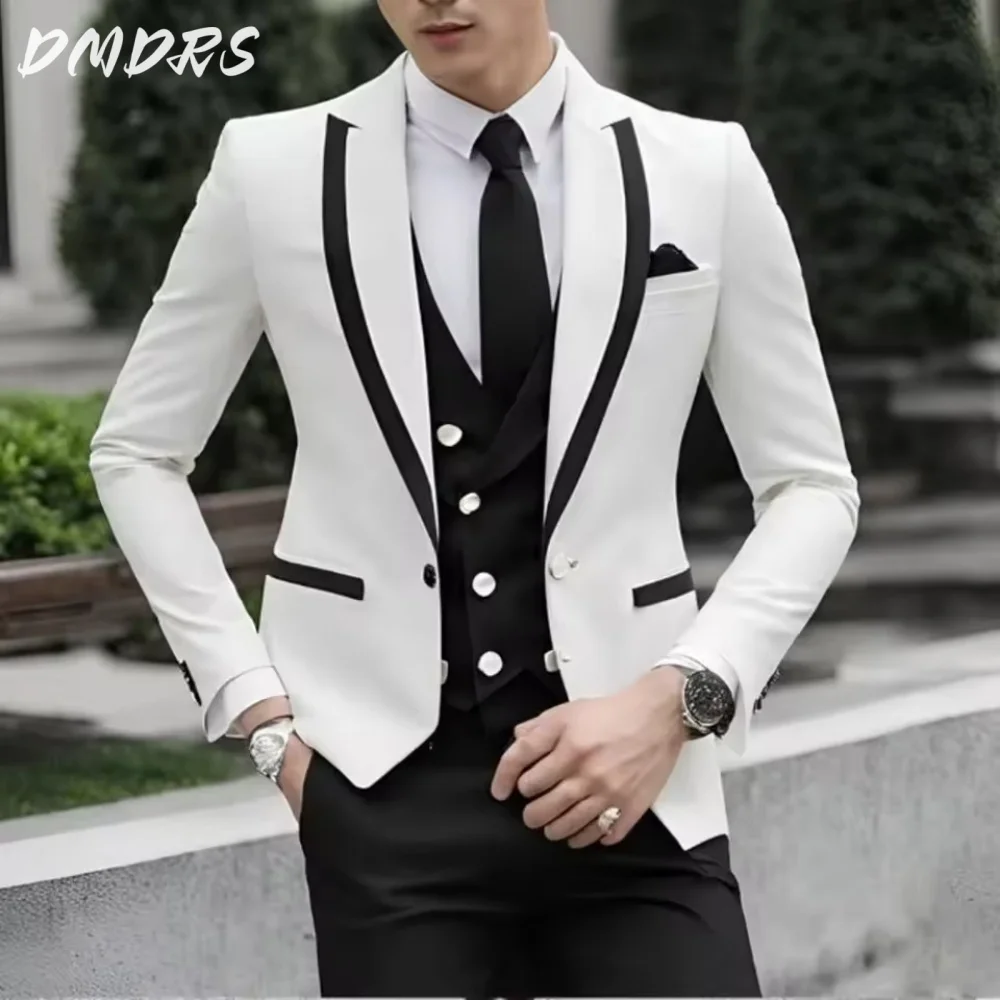 Stylish color matching Business Stylish double-breasted suit 3 pieces jacket vest pants wedding suit for men office work party p