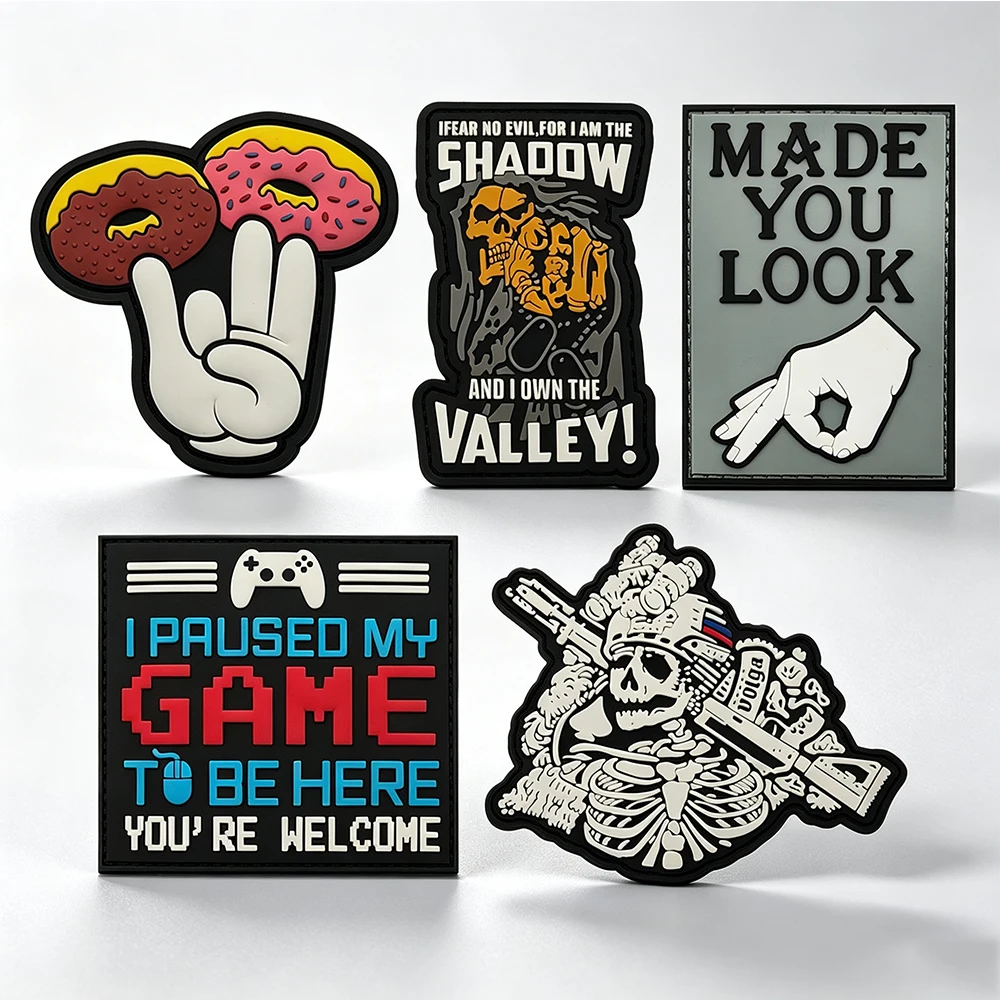 Funny PVC Tactical Patches Hook Backing Rubber Badge Skull Game Donut Hand Gesture Emblem for Clothing Backpack Hat Accessory