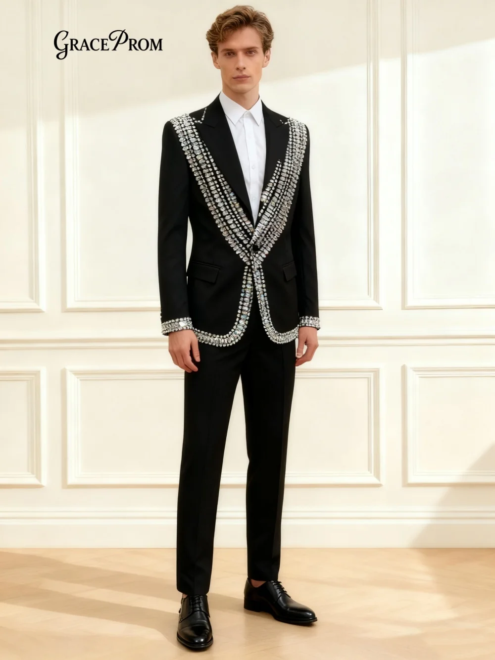 

Luxurious Crystal Men's Suit Set Formal Single-Breasted Men's 2PCS 2026 Elegant Jacket Suit Party Prom Wedding Set For Groom