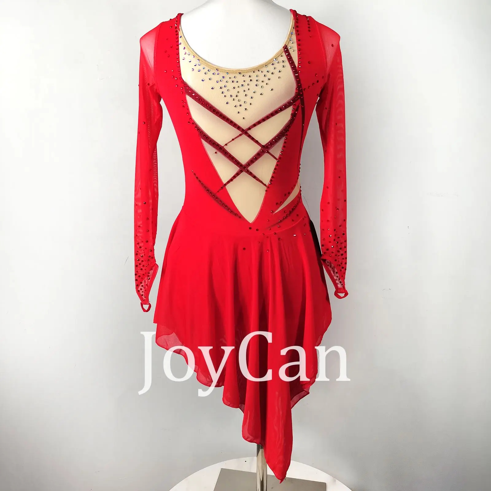 JoyCan Ice Figure  Skating  Dress Girls Red Spandex Stretchy Competition Dance Wear Customized