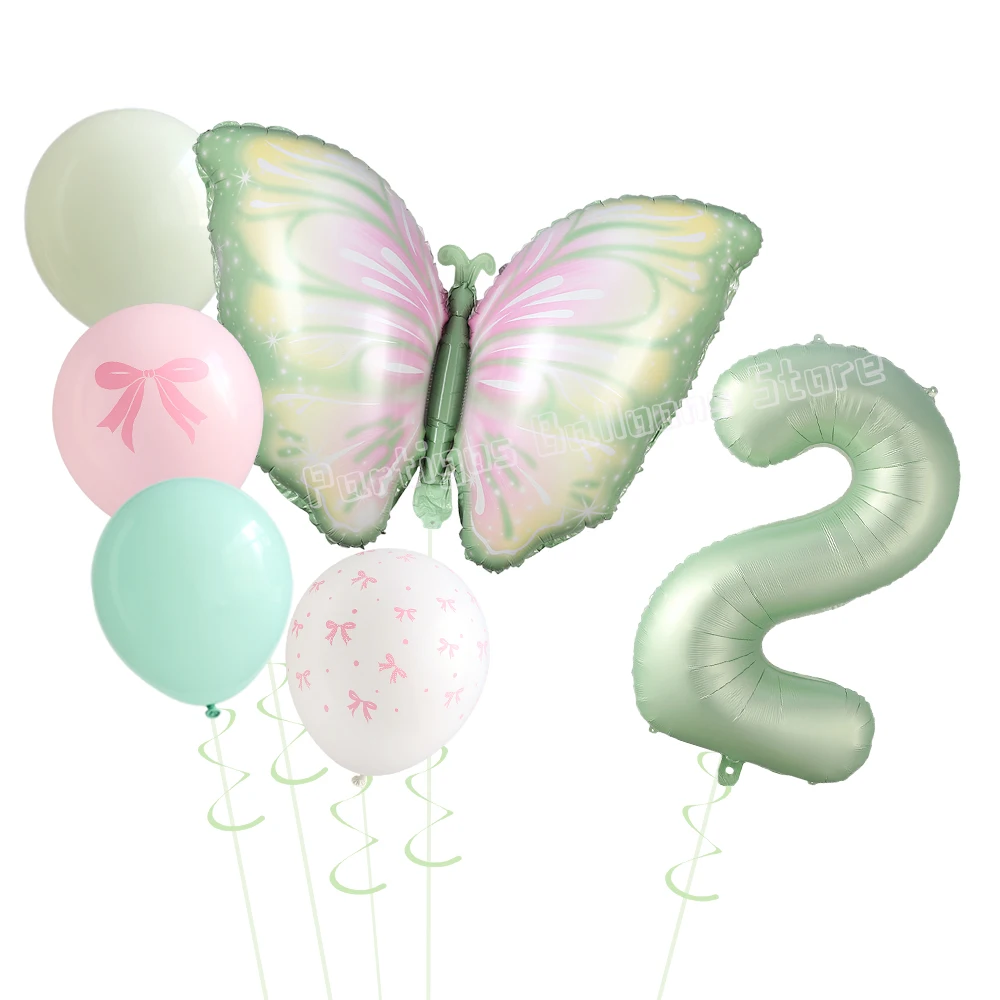 

6pcs/set Yellow Green Butterfly Balloons With 40in Olive Green Number Balloon Bow Baby Shower Princess Birthday Party Supplies