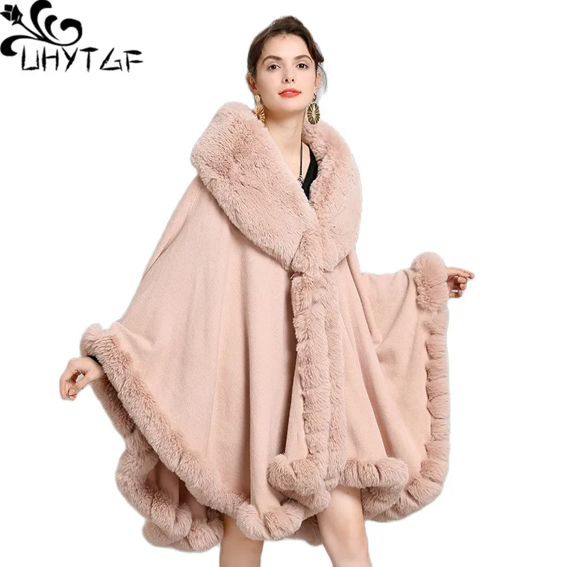 

UHYTGF Korean Autumn Winter Coat Women High-End Imitation Cashmere Warm Shawl Cloak Jacket Female Knitted Cardigan Outerwear 244