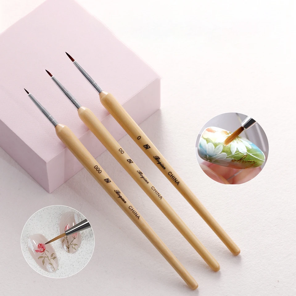 Set de 3 pinceles para uñas para dibujar flores Diseño de uñas francés con mango de madera Pétalos y hojas Gel Polish DIY 4