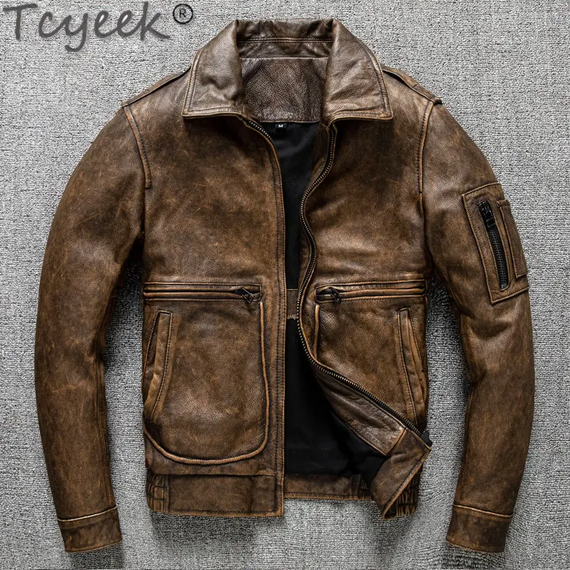 

Tcyeek Vintage Genuine Leather Jacket Men Short Slim Cow Leather Coat Men's Clothing Spring Autumn Distress Jackets Veste Homme