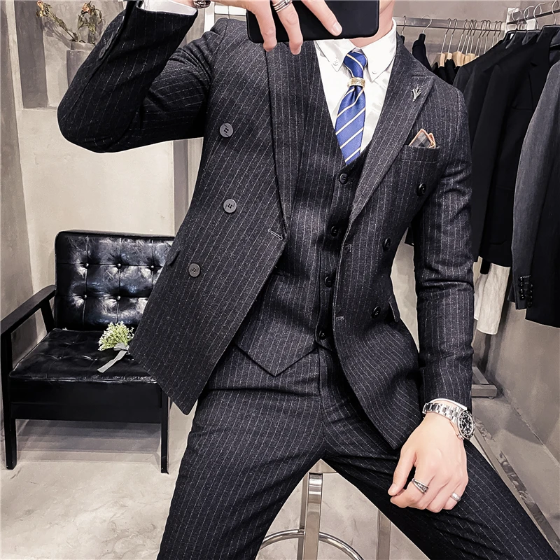 (Jacket+Vest+Pants) Men High Quality Double-Breasted Suits/Male Slim Fit Business Blazers/Man Cotton Groom\'s wedding Dress S-3XL