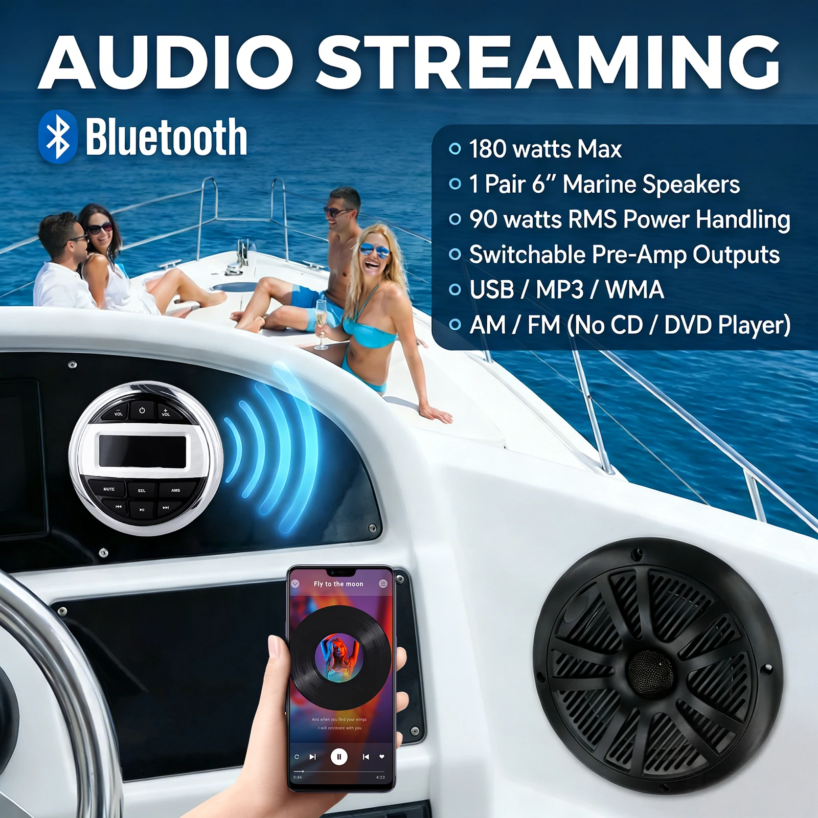 Podofo Bootradio, kabelloses Bluetooth-Musikgerät, IPX5 wasserdichtes Marine-Radio mit FM/AM-Radio, AUX-Eingang, Audio-Radio für Boote – Detail 4