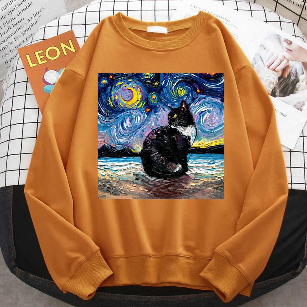 Winter Simple Women\'S Sweatshirt Cat Starry Sky Universe Print Hoodie Comfortable Fleece Pullovers Loose Warm Female Sportswears