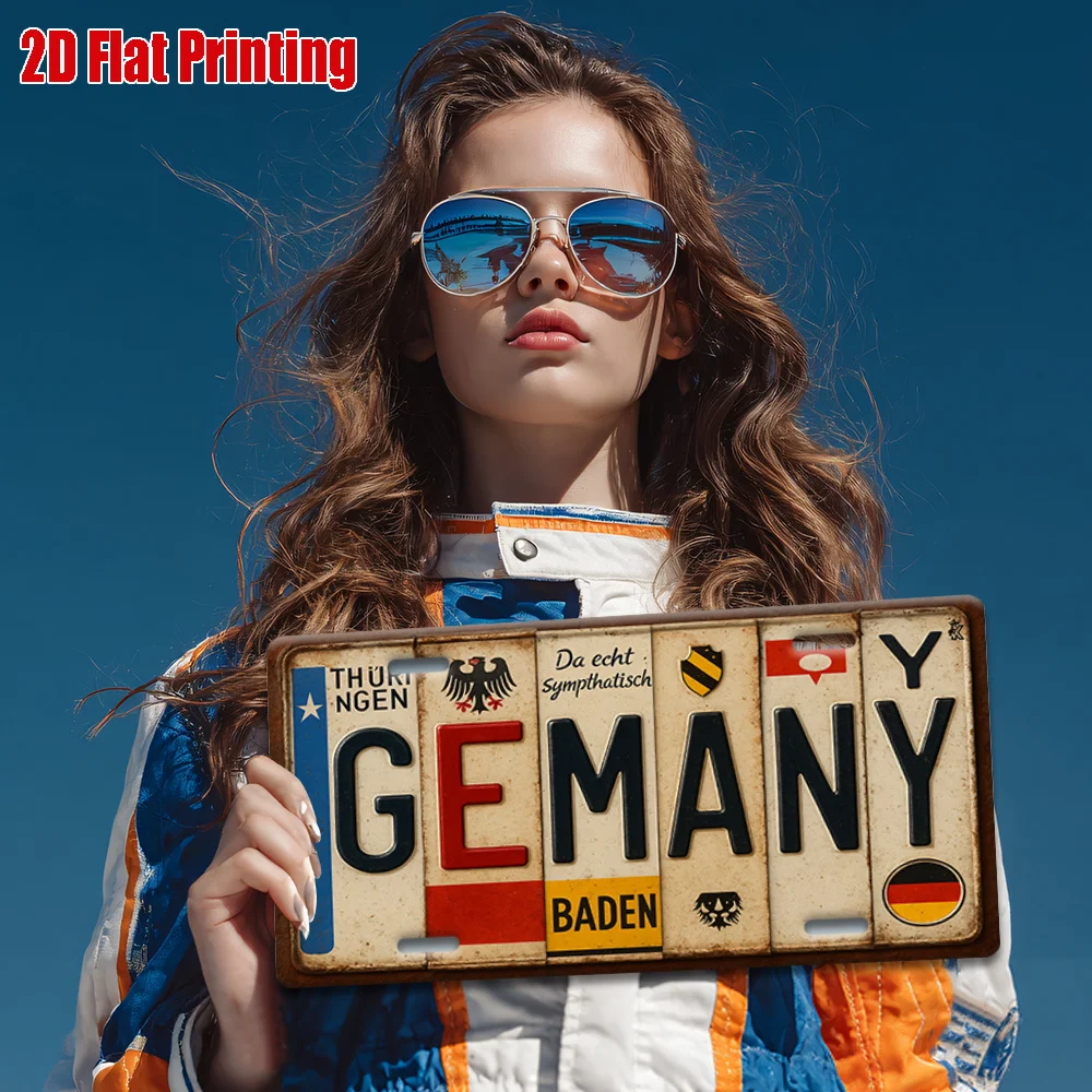 Printing, , Vintage Metal License Plate, Outdoor Wall Art , GERMANY Badge Style Aluminum Sign with License Typography and Sym