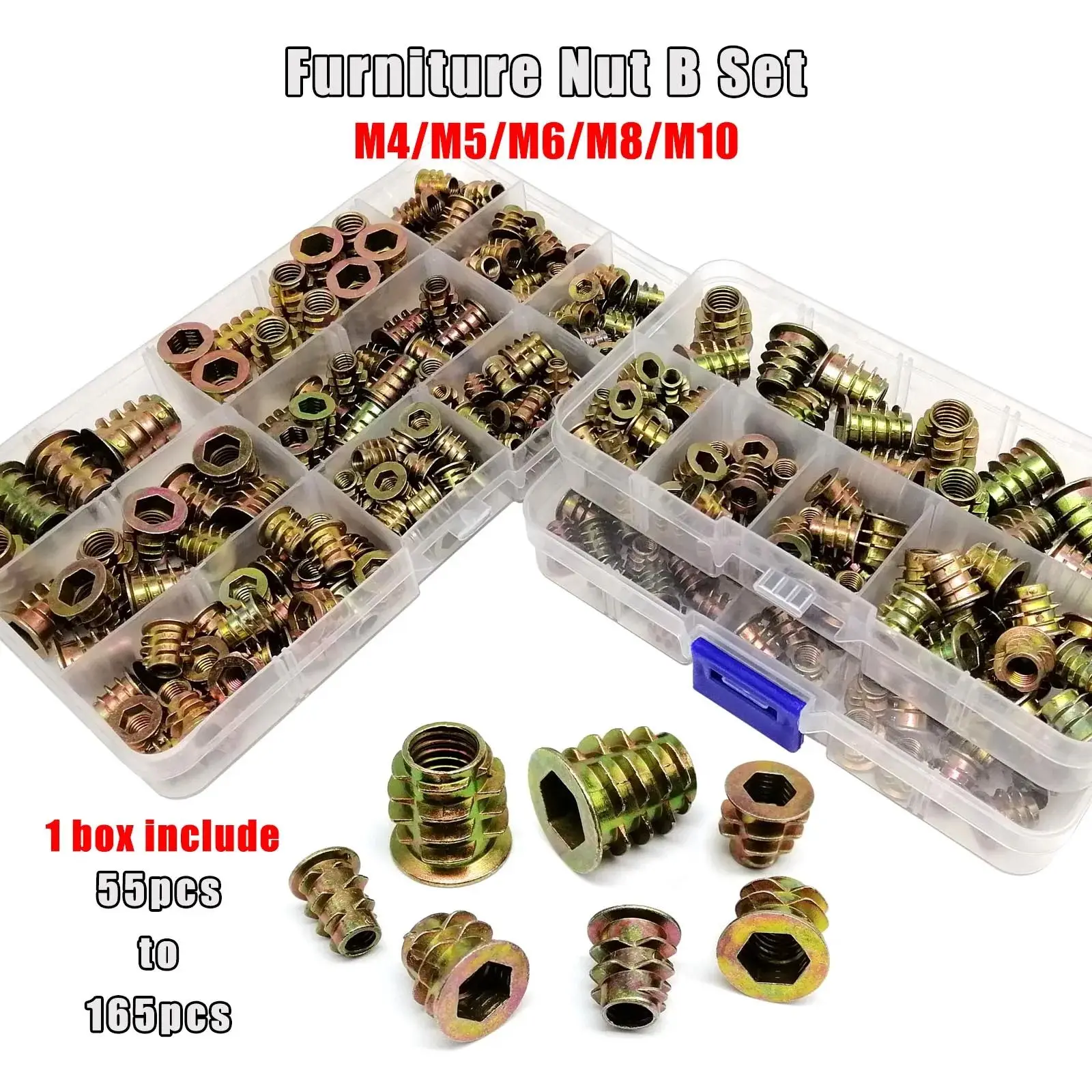165/75/55pcs Threaded Insert Nut E-nut M4 M5 M6 M8 Set Kit For Wood Furniture Bed Cabinet Table Embedded Hex Hexagon Socket Head
