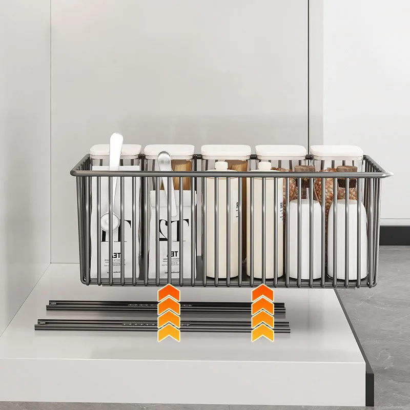 Kitchen Pull-out Shelves Cabinet Inside Layered Under Sink Spice Sundries Storage Basket Pull-out Drawer Type Carbon Steel