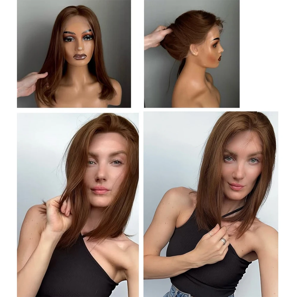 Synthetic Fibre Medium Brown Wig for Women Straight Layered Lace Front Wig Heat Resistant Natural Looking for Daily Party