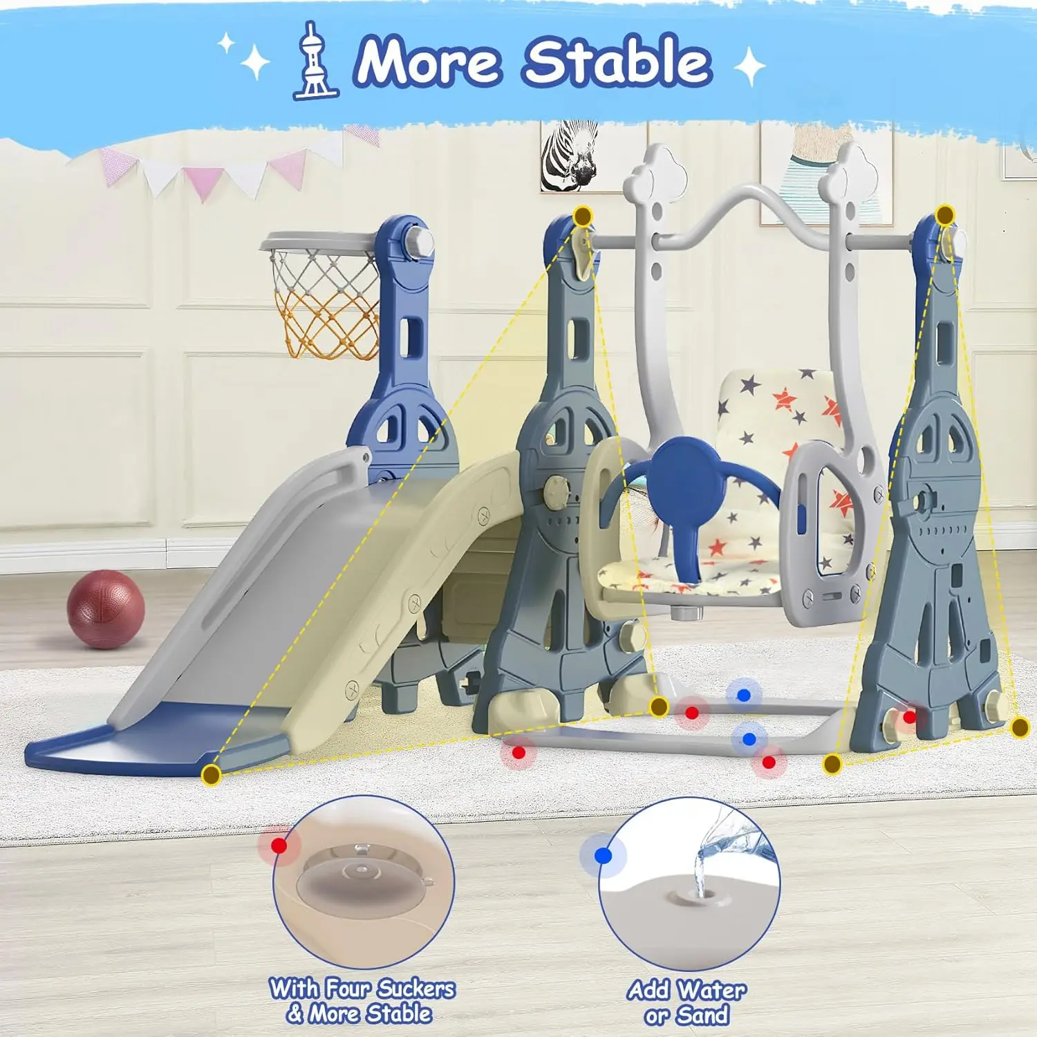 Set scivolo e altalena per bambini 4 in 1, scivolo per bambini di età 1-2 anni, con canestro da basket, set da gioco per bambini per interni ed esterni blu