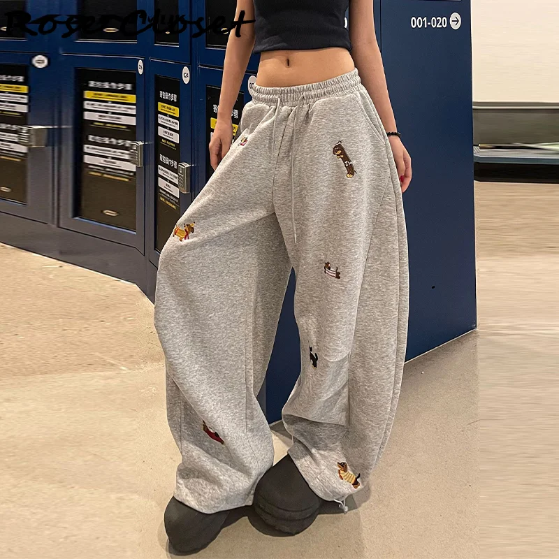 

Street Style Sausage Dog Embroidery Straight Wide Leg Sweatpants Women Drawstring Waist Retro Pleated Slim Casual Ankle Pant