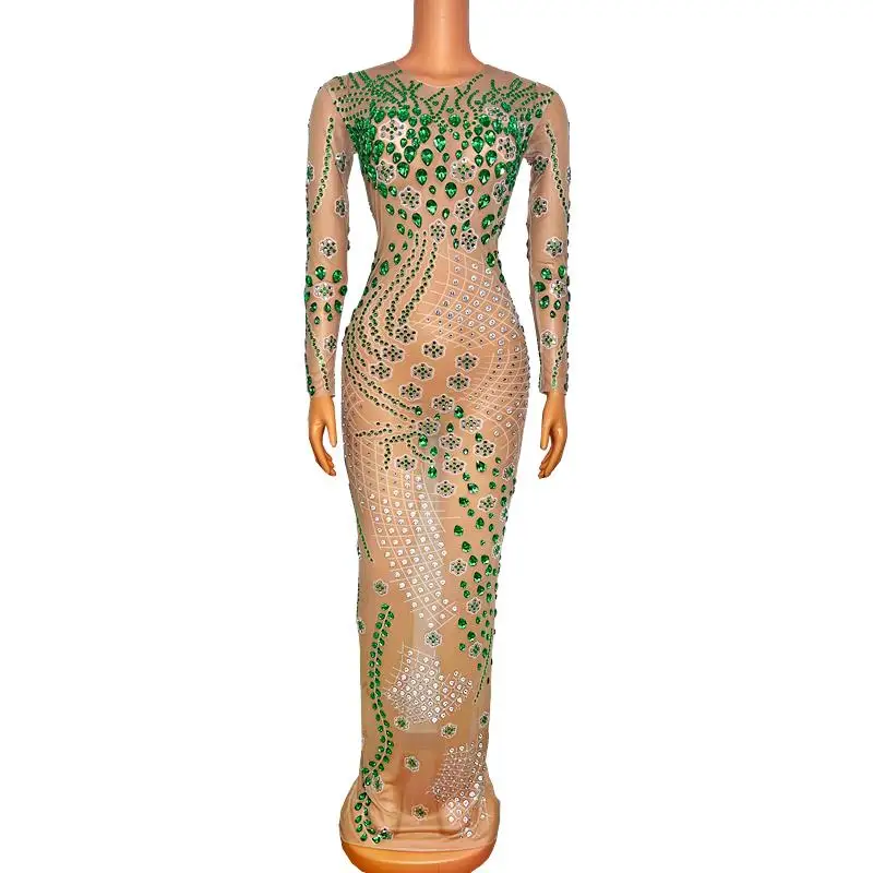 

Evening Party Singer Model Host Ball Gown Catwalk Stage Costume Mesh Printed Green Rhinestones Long Dress Luxury See Through