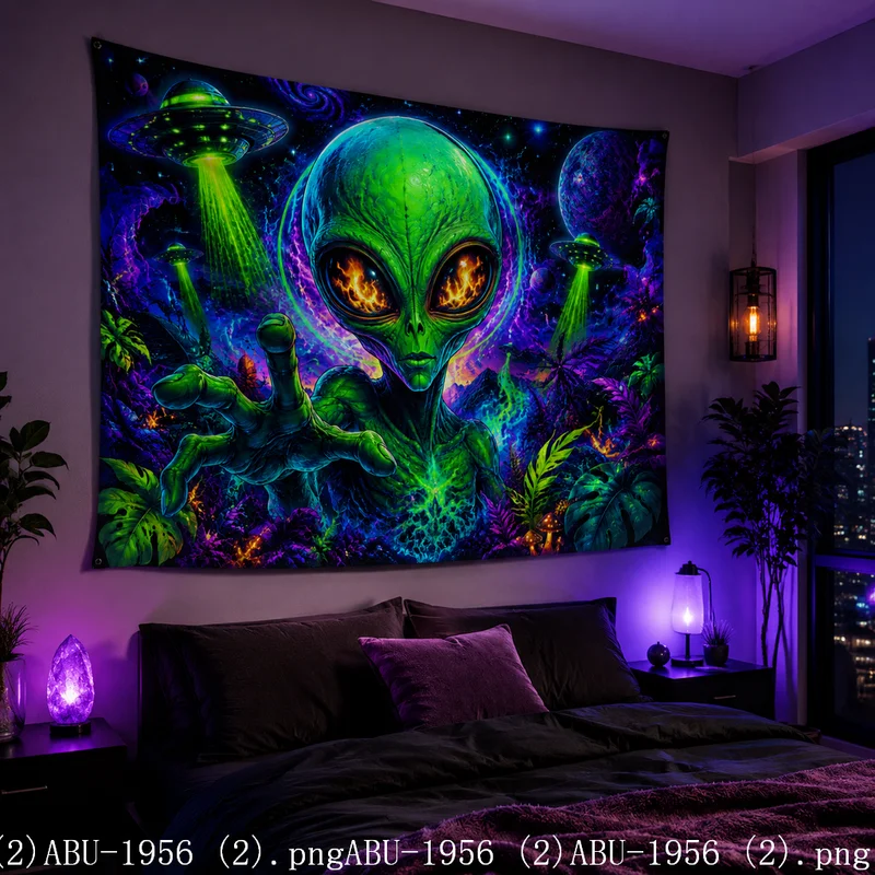 VIKAMA Trippy Green Alien UFO Tapestry Jungle Plant Planet Space Psychedelic Art Wall Hanging Teen Bedroom Dorm Decor Cloth