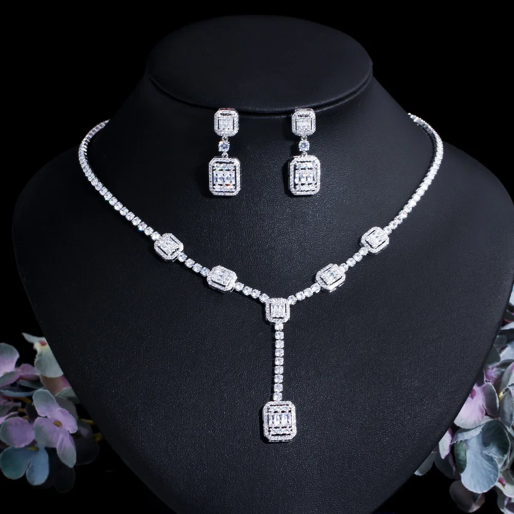 CC Fashion Jewelry Sets for Women Necklace Earring 2pcs 925 Silver Needle White Zirconia Stone Wedding Party Accessories Gift