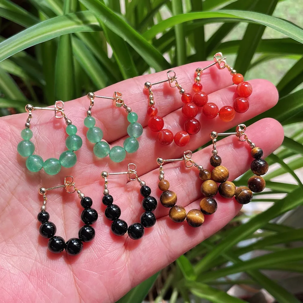 Natural Crystal Stone Earrings for Women Round Circle Loop Tassel Dangle Red Black Agates Green Aventurine Crystal Drop Earrings