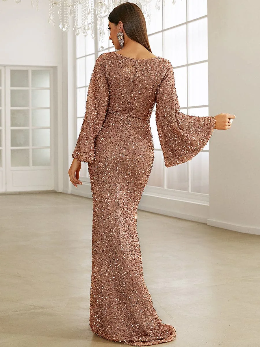 Autumn New Women\'s Fashion, Elegant and Slim Fit V-neck Wrapped Hip Sequin Dress with Mid Waist Flare Sleeve Long Evening Dress