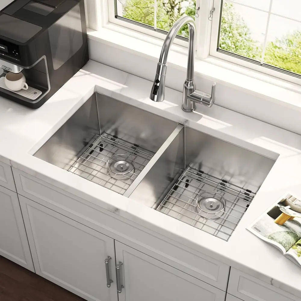 

Кухонная мойка Undermount с двойной чашей, прямоугольные раковины из нержавеющей стали диаметром 16 калибра 50/50 глубины с сеткой и нижней решеткой 32 x 19 x