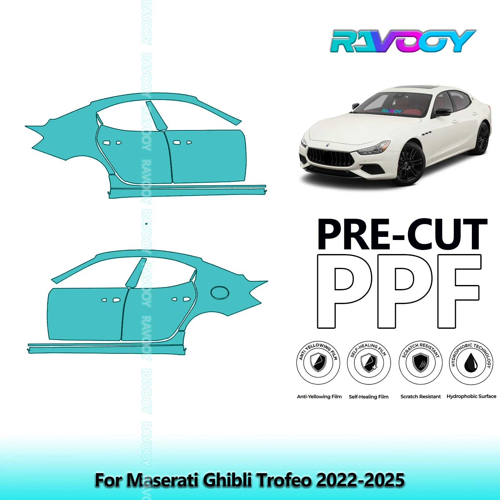 

For Maserati Ghibli Trofeo 2022-2025 8.5mil Clear Matte Pre-Cut PPF Door & A/B Pillar Kit TPU Paint Protection Film Set