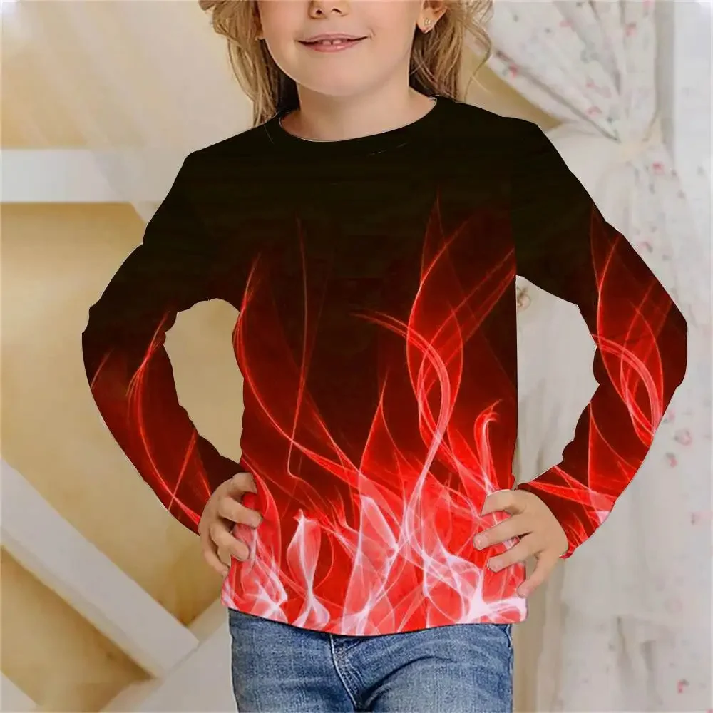 Children's T-Shirts Flame Skull Graphic T Shirts Long Sleeve Halloween Clothes Round Neck Casual T-Shirts Fashion Kids Clothes