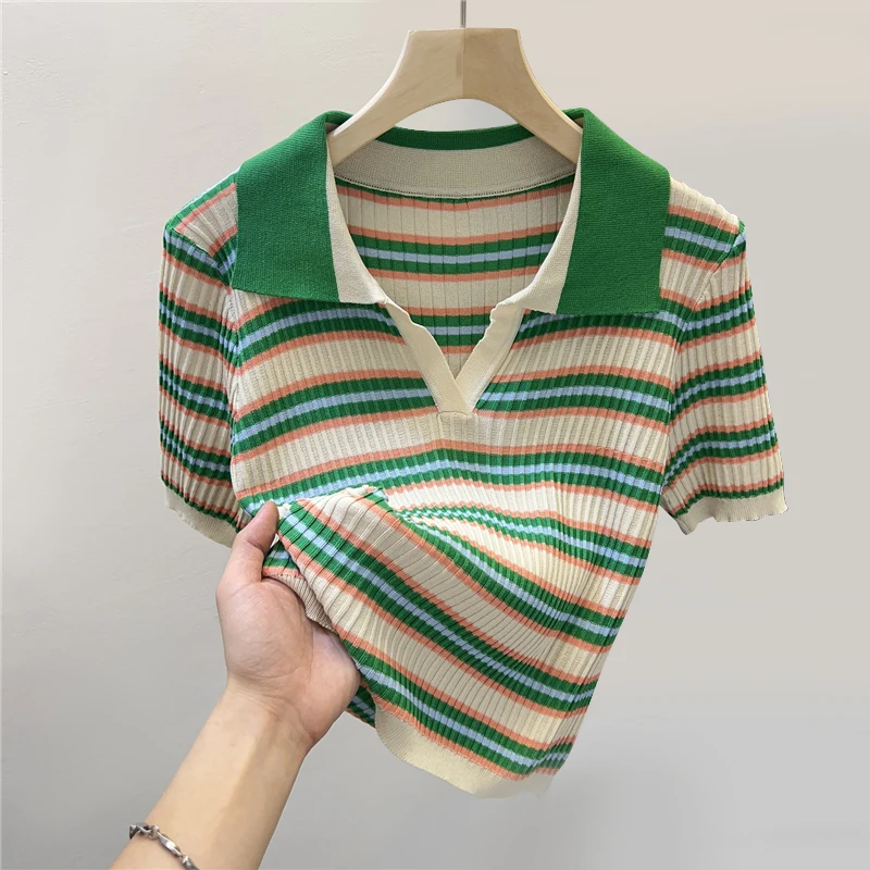 Women POLO Collar Short Sleeved T-shirt Casual Loose Green Striped Knit Pullovers Versatile Bottom Shirt Summer Stretchy Tees