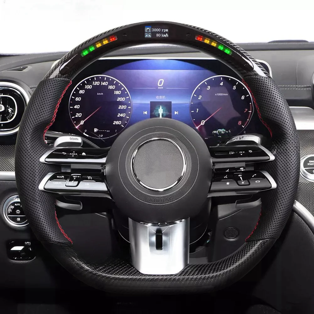 Real Carbon Fiber LED Flat Sport Steering Wheel Compatible with Mercedes-Benz AMG E S A CLA Class 2021+, Custom Steering Wheel F