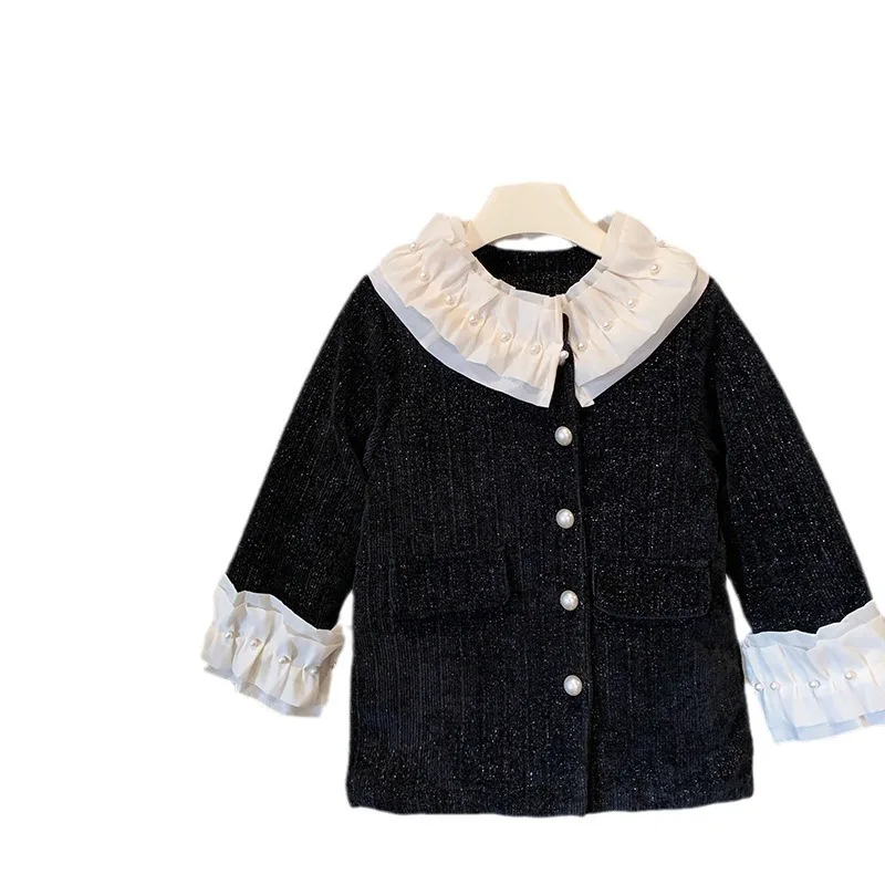 

Girls' Korean style retro pearl lace contrasting splicing 23 winter long jacket with cotton lining and thickening