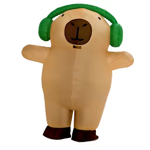 Capybara with Headphone Inflatable Costume for Adult Funny Party Blow Up Brown Capybara with Green Headphone Costume