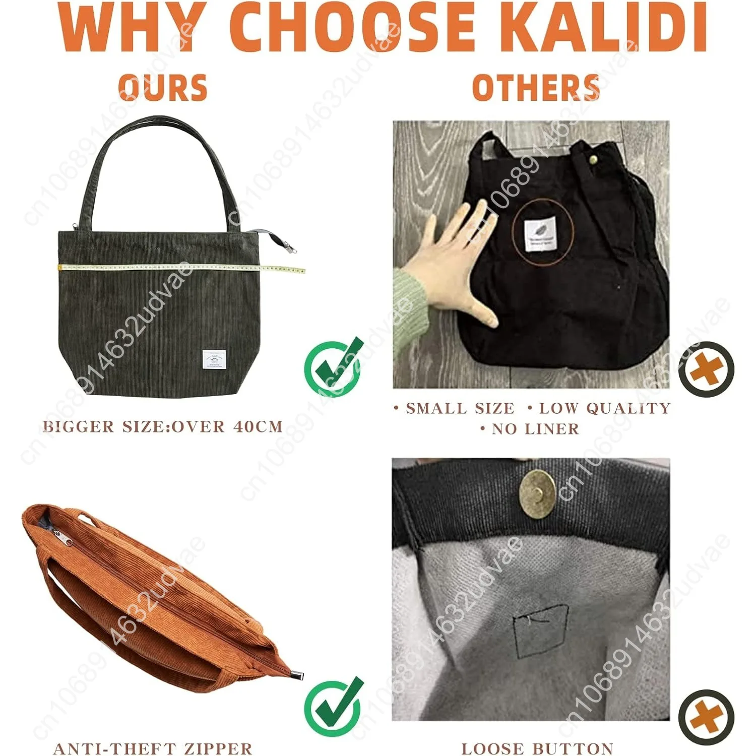 Women Corduroy Tote Bag Zipper Casual Tote's Handbag Big Capacity Shoulder Bag with Pockets