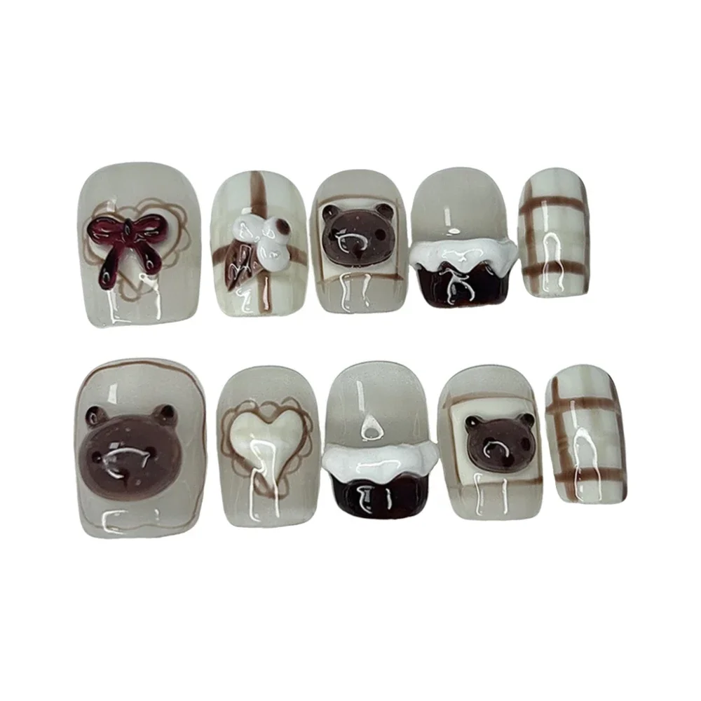 10 Pieces Autumn and Winter Maillard Handmade Press On Nails Cute Cartoon Bear Love Bow Fake Nails Removable and Reusable