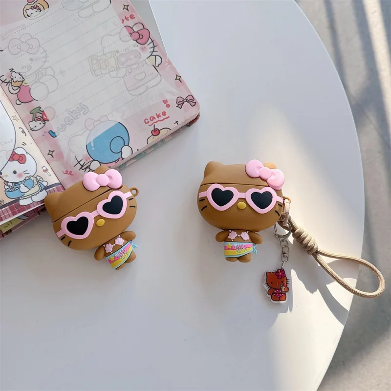 Capa de Fone de Ouvido Hello Kitty em Couro Preto para AirPods 1 2 3 4 Pro 2 3, Estojo para Fones de Ouvido Bluetooth Sem Fio