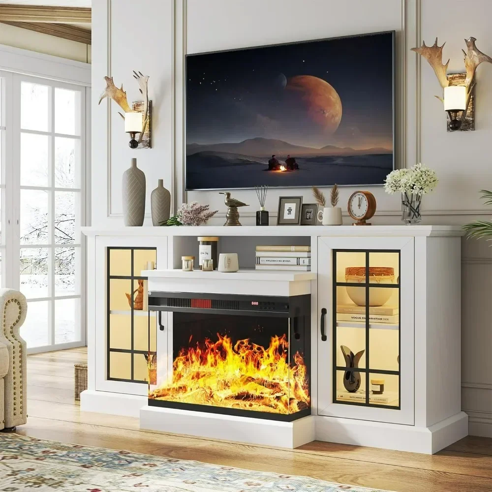 59'' Fireplace TV Stand, 3 Sided Glass Media Entertainment Center Console Table with Glass Door Adjustable Flame LED Color