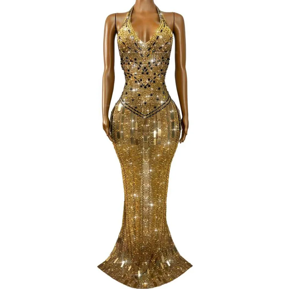 Women High-end Shiny Mirrors Rhinestones V-neck Backless Evening Dress Sexy Cocktail Birthday Party Gown Red Carpet Stage Wear