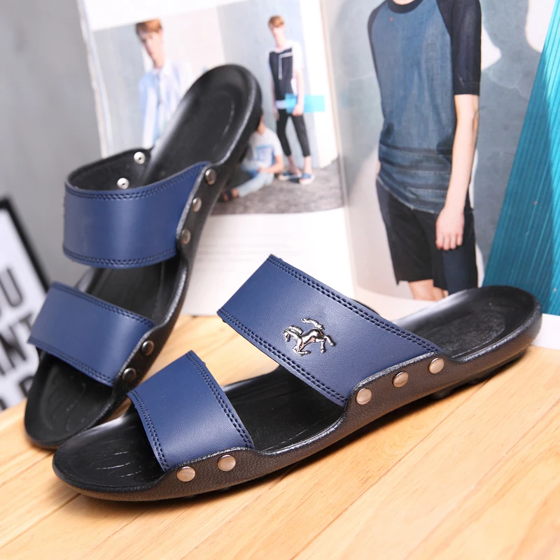 HKDQ Hot Sale Designer Slippers For Men Slides Blue Light Flat Slipper Leather Man Beach Shoes Outdoor Indoor Men's Flip-flops