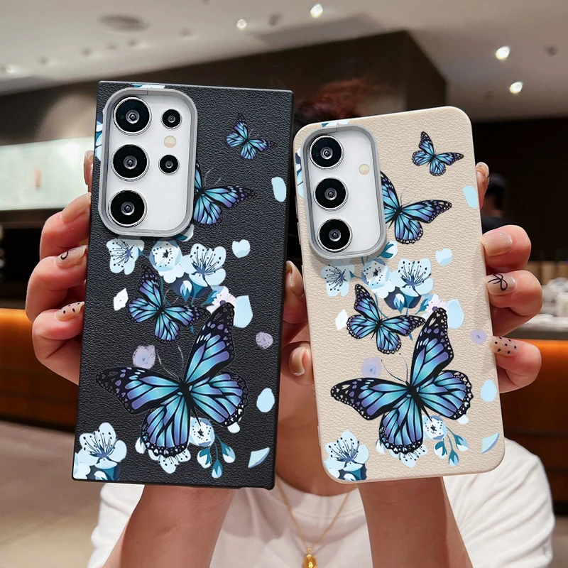 Funda con flor de mariposa para Samsung Galaxy S25 S24 S23 FE S22 Plus Ultra A56 A55 A54 A15 A26 A16 A36 funda de teléfono con textura de cuero
