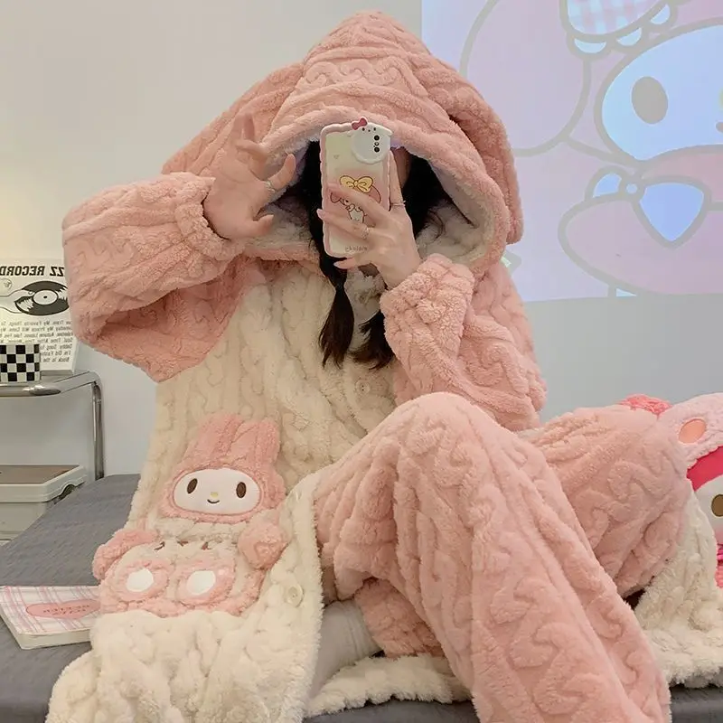 2 قطعة Kuromi المرجان الصوف ثوب النوم الشتاء المرأة منامة مرحبا كيتي الكرتون سينامورول سميكة طويلة رداء دافئ المتسكعون #6