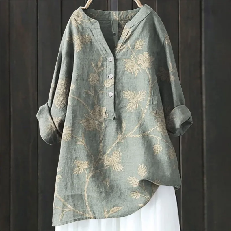 Women Floral Vintage Art Print Linen Shirts 2024 Summer Casual Trendy V Neck Dressy Blouses Long Sleeve Button Tunic Long Tops