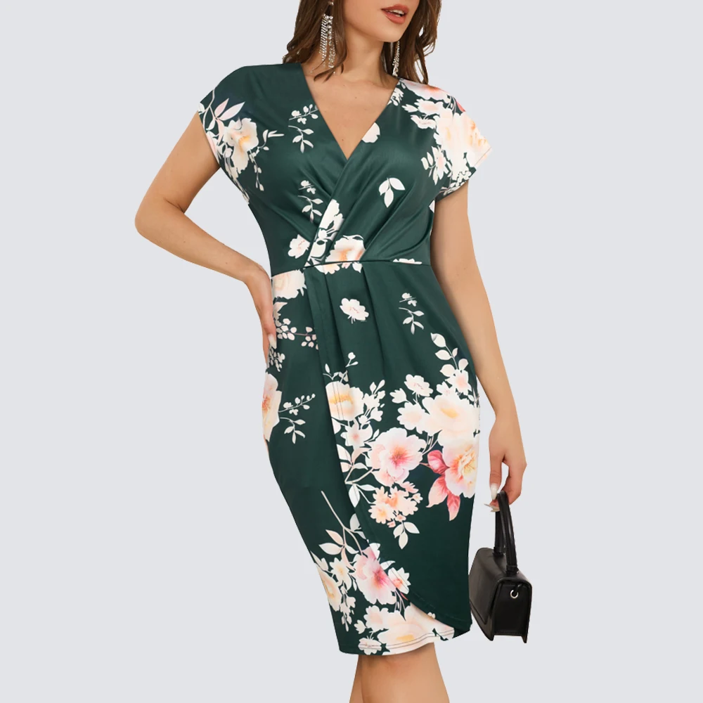 

Women Summer Elegant Cap Sleeve V Neck Allover Print Wrap Slim Fitted Pencil Dress HB715