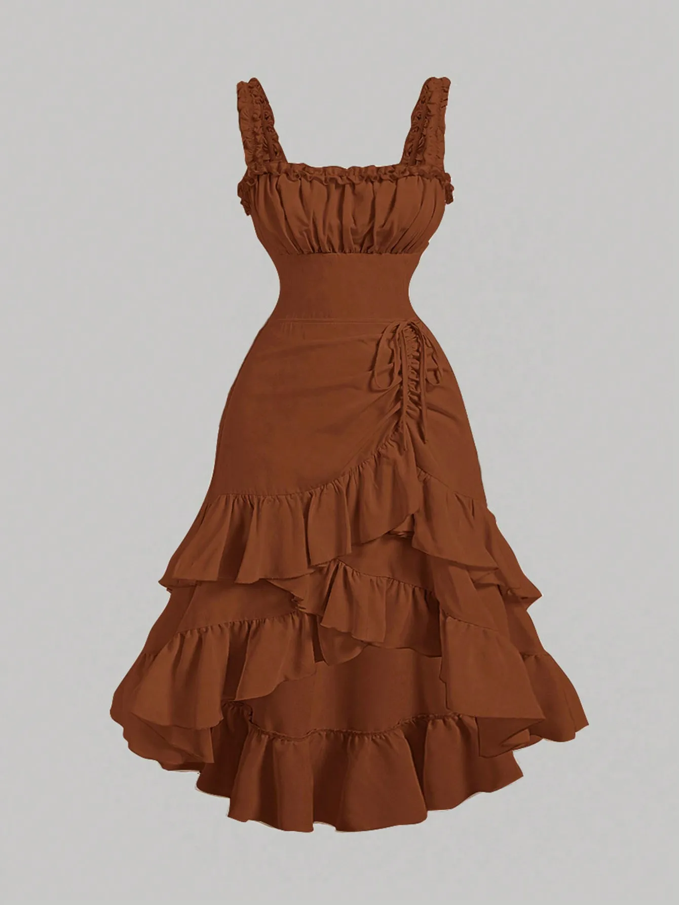 

Коричневое винтажное платье с квадратным вырезом, оборками и завязками на талии