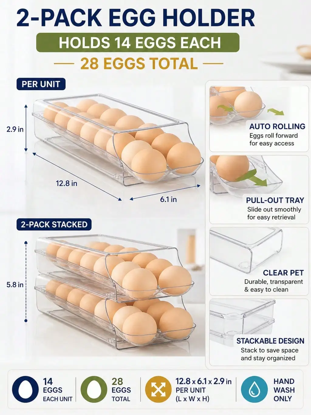 2-Pack Clear Automatic Rolling Egg Holder, Stackable Fridge Drawer Organizer, 28 Eggs Total, Breakfast Station Storage