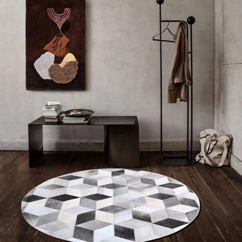 2023 New Modern Grey Cowhide Patchwork Carpet with 3D Cube Combination Natural Cowhide Leather Carpet Round Floor Mat