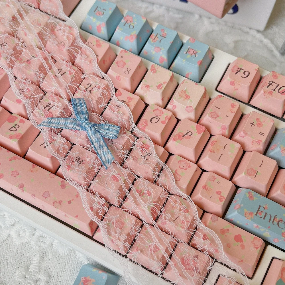 Rose Sea Keycaps Pink Cute Flowers French Style Romantic Rose Blue Contrast Keycap Set 138keys Alice keycaps