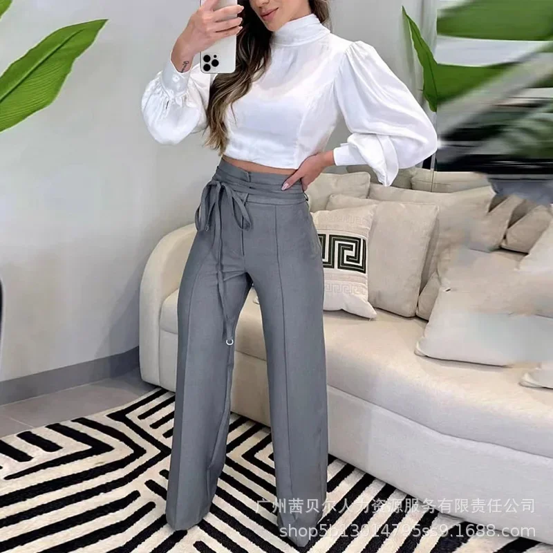 Pantalones informales con correa de cintura alta para mujer, traje de viaje, color gris, novedad de 2023